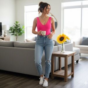 ReoRia Hot Pink V-Neck Bodysuit